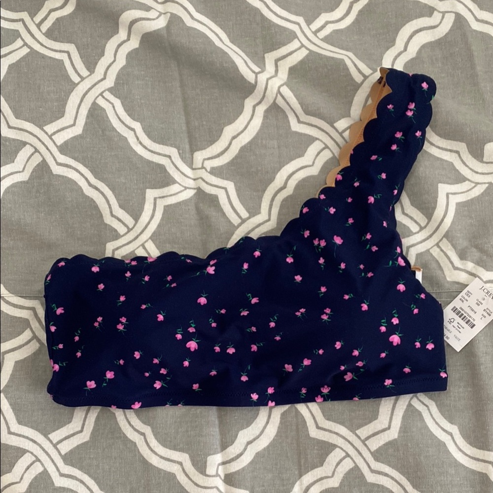 NWT J Crew Navy Floral One-Shoulder Bikini Top sz L